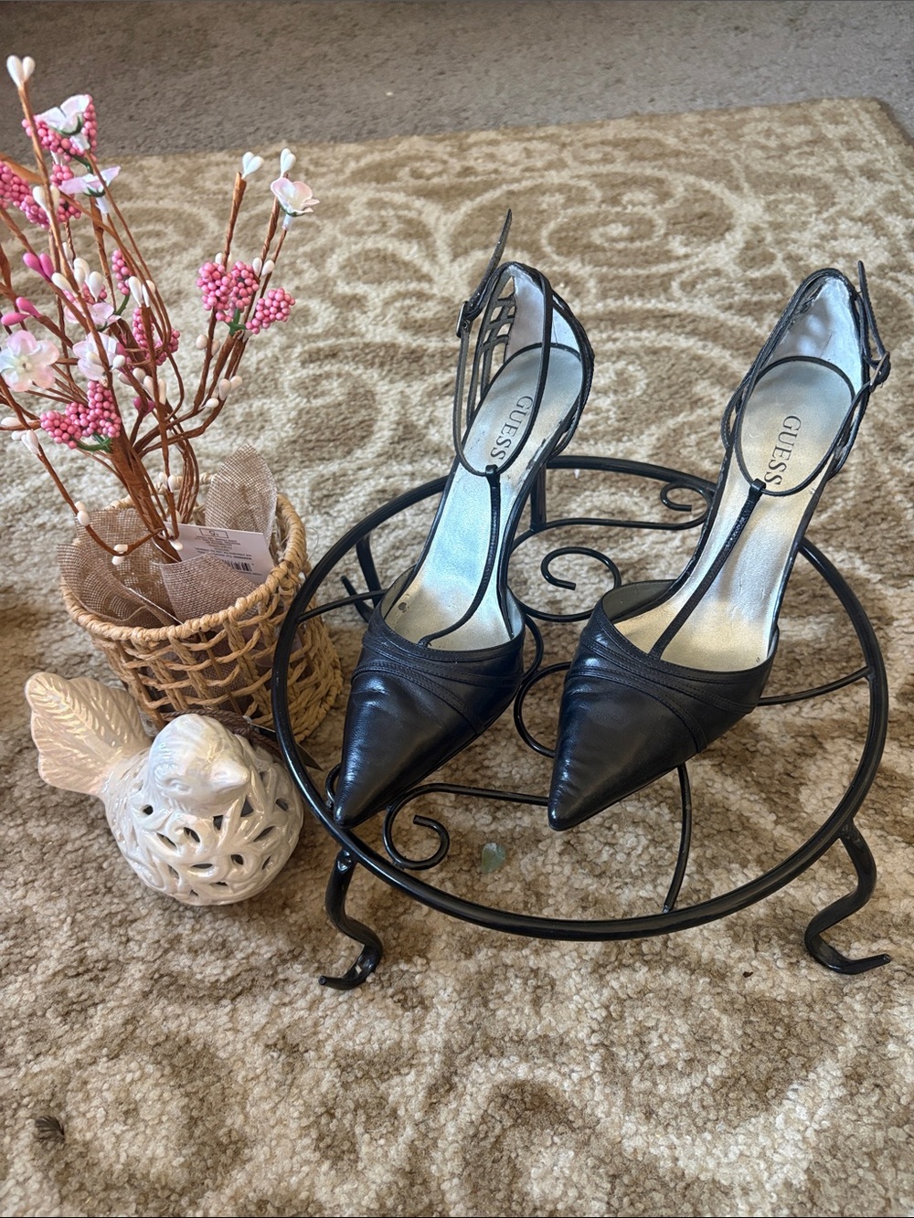 GUESS Black Pointed Toe T-Strap Slingback Heels